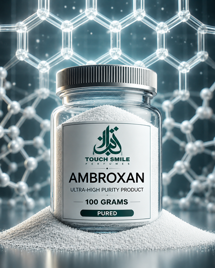 A clear plastic jar of TOUCH SMILE AMBROXAN 100 GRAMS ultra-high purity product, filled with white powder and sitting on a pile of loose powder, set against a glowing molecular structure background.