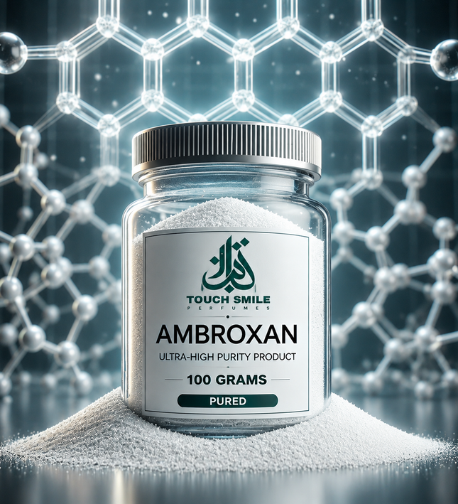 A clear plastic jar of TOUCH SMILE AMBROXAN 100 GRAMS ultra-high purity product, filled with white powder and sitting on a pile of loose powder, set against a glowing molecular structure background.