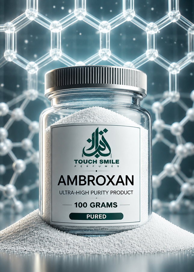 A clear plastic jar of TOUCH SMILE AMBROXAN 100 GRAMS ultra-high purity product, filled with white powder and sitting on a pile of loose powder, set against a glowing molecular structure background.