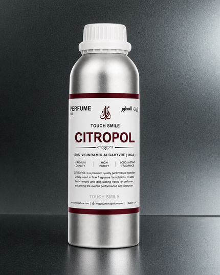 A silver aluminum bottle of Touch Smile Citropol perfume with a white cap, set against a dark gray gradient background.