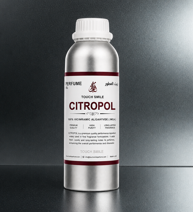 A silver aluminum bottle of Touch Smile Citropol perfume with a white cap, set against a dark gray gradient background.