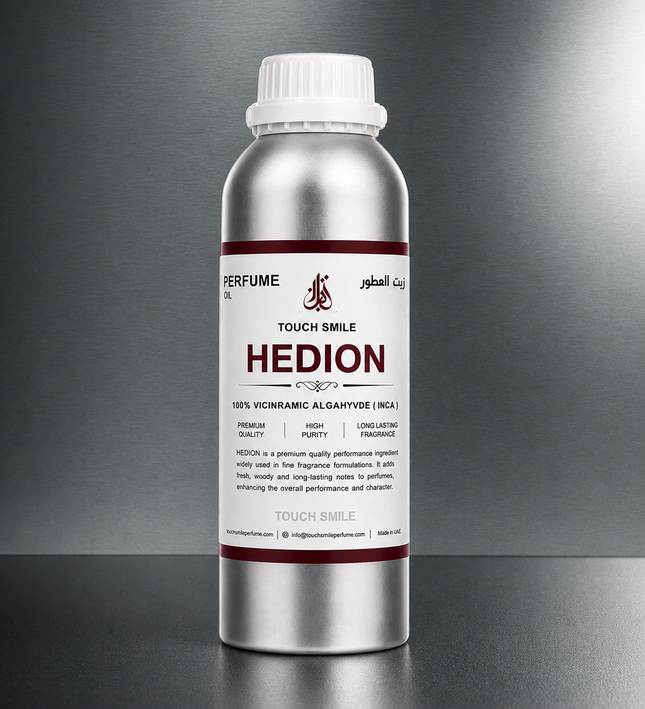 A silver aluminum bottle of Touch Smile Hedion perfume oil, featuring a white label with red and black text, set against a dark gray gradient background.