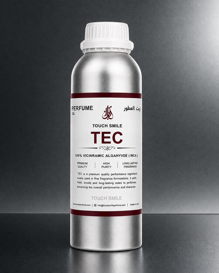 A silver aluminum bottle of Touch Smile TEC 100% Vacharic Alganiode (HCA) perfume raw material, featuring a white label with red accents, set against a dark gray gradient background.