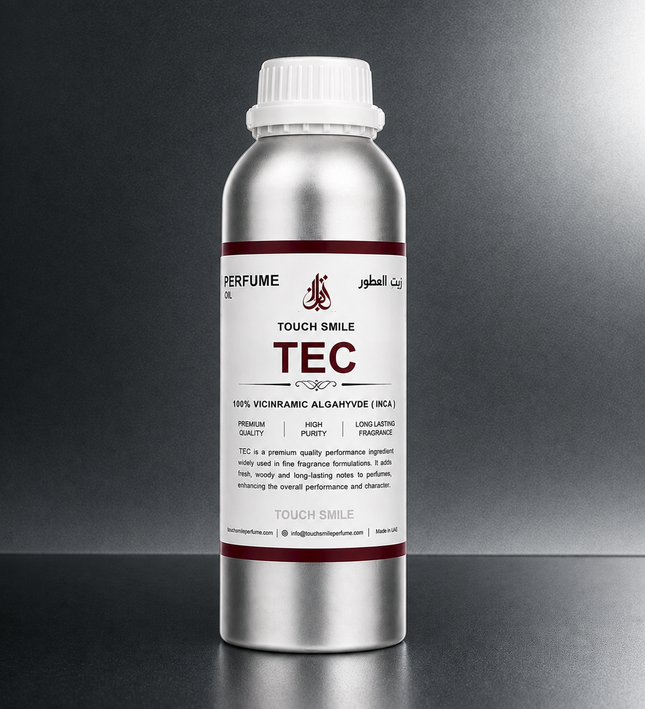 A silver aluminum bottle of Touch Smile TEC 100% Vacharic Alganiode (HCA) perfume raw material, featuring a white label with red accents, set against a dark gray gradient background.