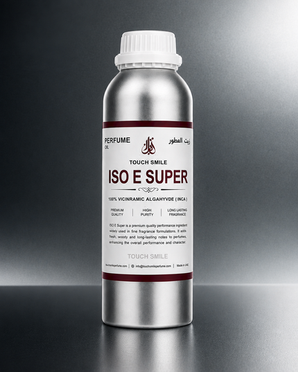 A silver aluminum bottle of TOUCH SMILE ISO E SUPER perfume aldehyde, featuring a white label with dark red and black text, set against a dark gray gradient background.
