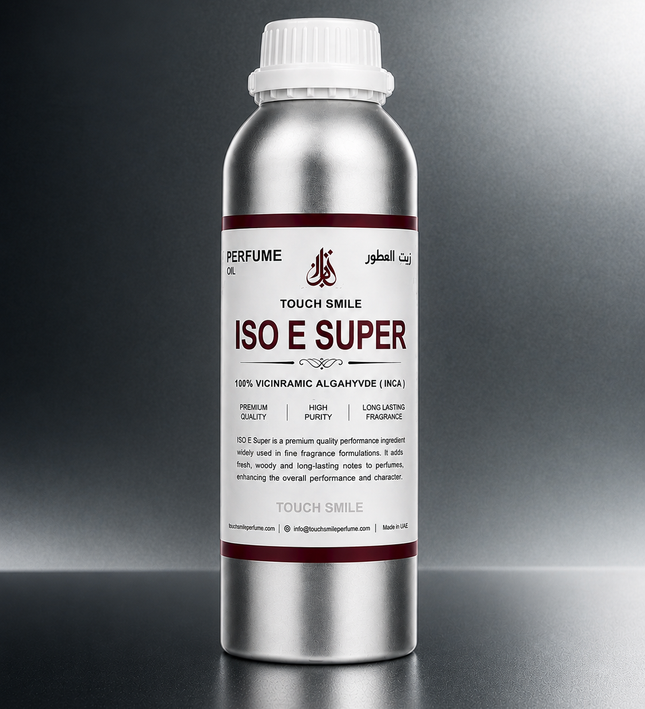 A silver aluminum bottle of TOUCH SMILE ISO E SUPER perfume aldehyde, featuring a white label with dark red and black text, set against a dark gray gradient background.