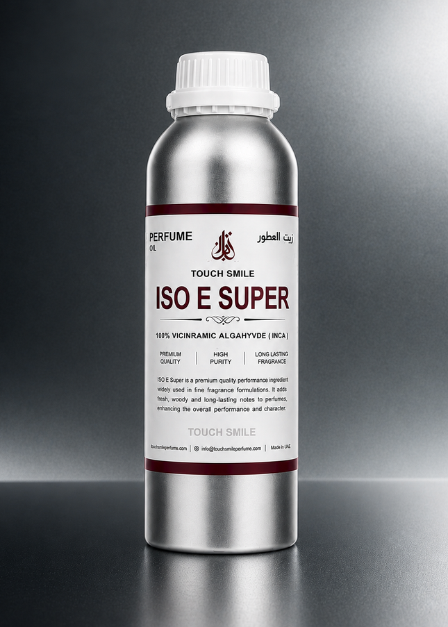 A silver aluminum bottle of TOUCH SMILE ISO E SUPER perfume aldehyde, featuring a white label with dark red and black text, set against a dark gray gradient background.