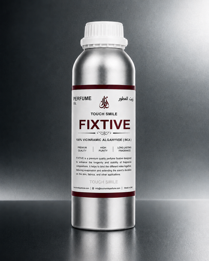 A silver aluminum bottle of Touch Smile Fixtive perfume aldehyde, featuring a white label with dark red and black text, set against a dark gray gradient background.