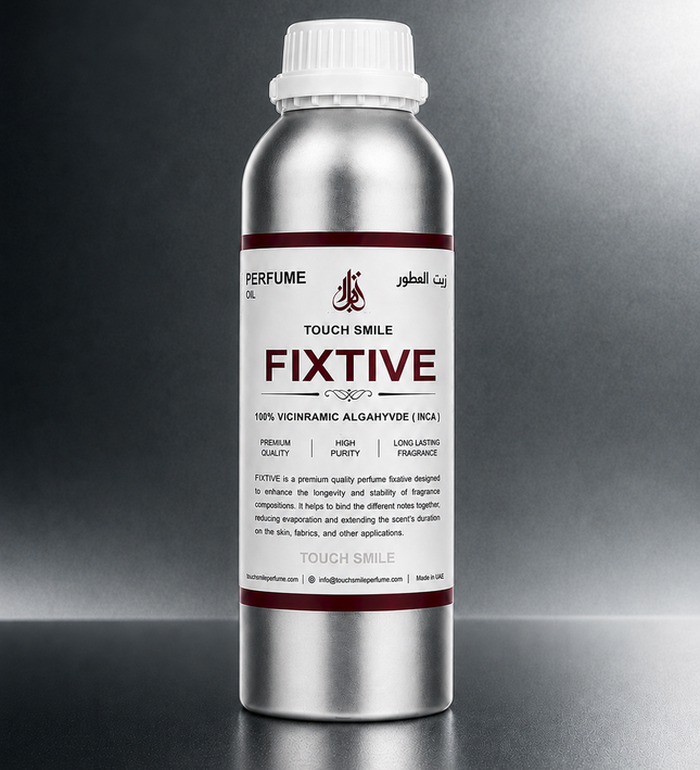 A silver aluminum bottle of Touch Smile Fixtive perfume aldehyde, featuring a white label with dark red and black text, set against a dark gray gradient background.