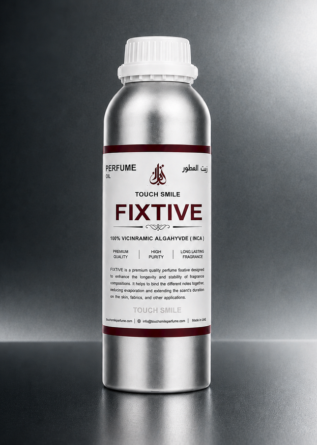 A silver aluminum bottle of Touch Smile Fixtive perfume aldehyde, featuring a white label with dark red and black text, set against a dark gray gradient background.