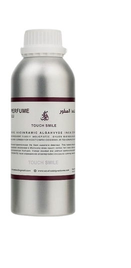 A silver aluminum bottle of 'Touch Smile' perfume with a white cap and a white label featuring dark red text and borders.